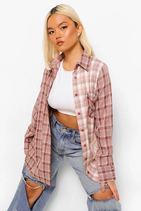 Petite Contrast Check Oversized Shirt | Boohoo.com (UK & IE)