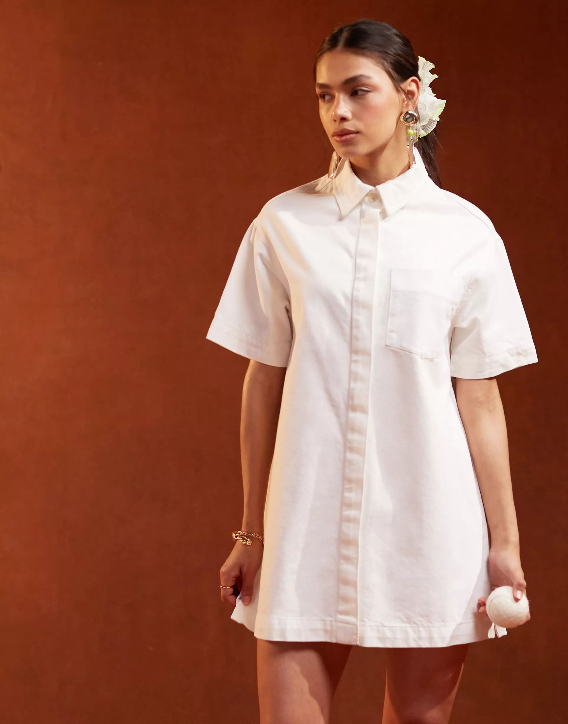 ASOS DESIGN denim short sleeve shirt dress in white | ASOS (Global)
