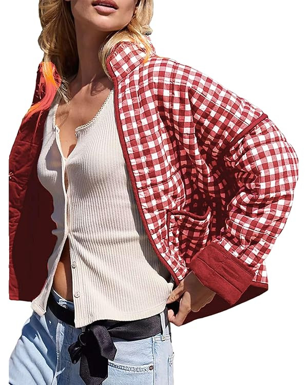 Zontroldy Women's Vintage Plaid Floral Print Cropped Puffer Quilted Jacket Lightweight Diamond Pa... | Amazon (US)