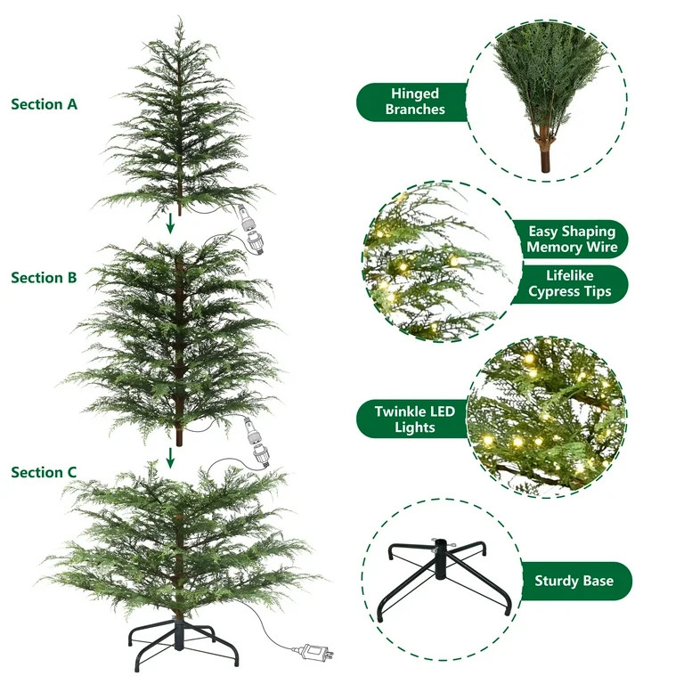 My Texas House 7.5ft Pre-lit Twinkle LED Cypress Artificial Christmas Tree, 500 LED, Green - Walm... | Walmart (US)