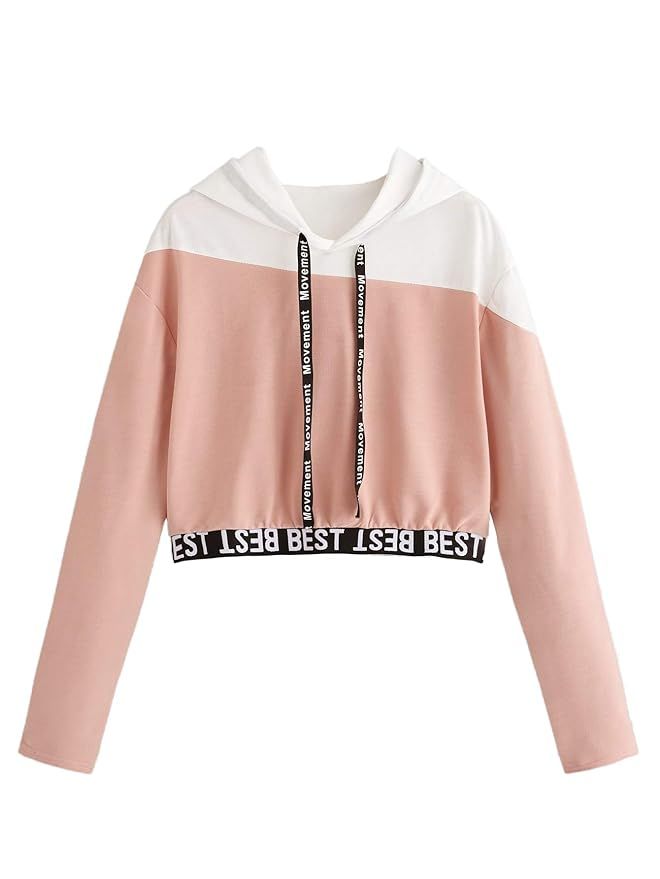 SweatyRocks Women's Letter Print Color Block Long Sleeve Crop Top Hoodies Pullover Sweatshirt | Amazon (US)