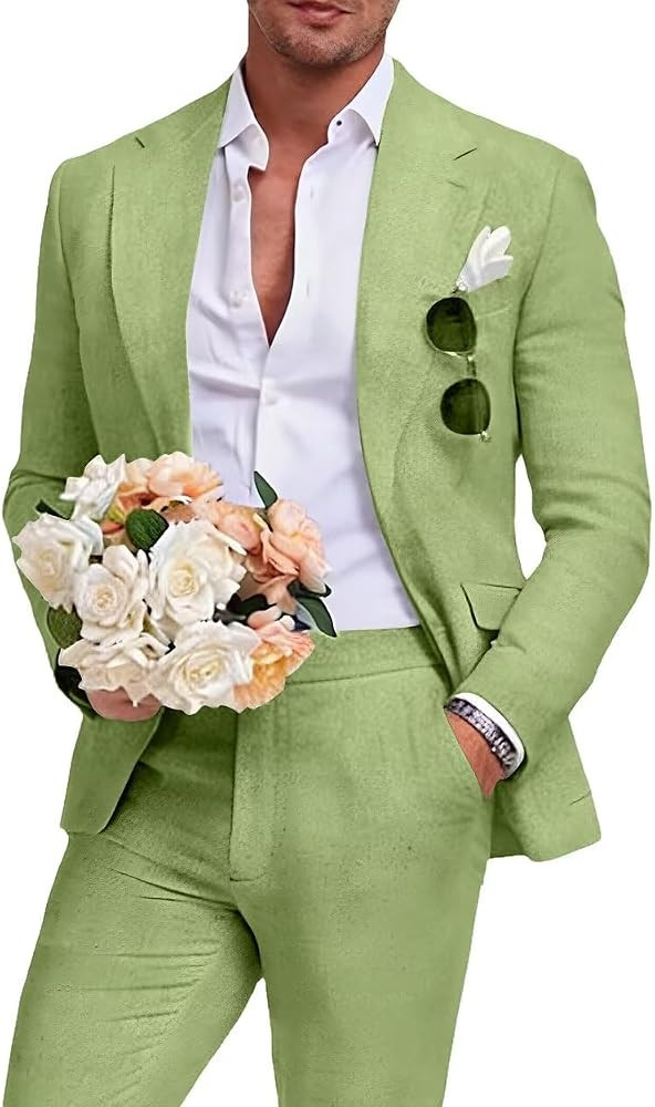 Beige Men's Linen Suit 2 Piece Slim Fit Summer Beach Wedding Dress Prom Party Suit Blazer Jacket ... | Amazon (US)