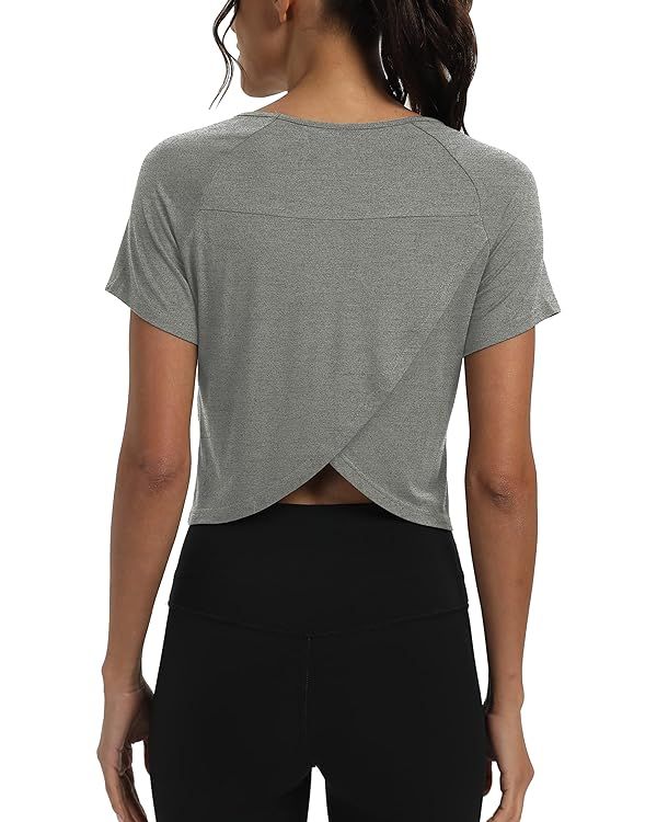Mippo Workout Tops for Women Cropped Split Back Athletic Gym Exercise Shirts Loose Fit | Amazon (US)