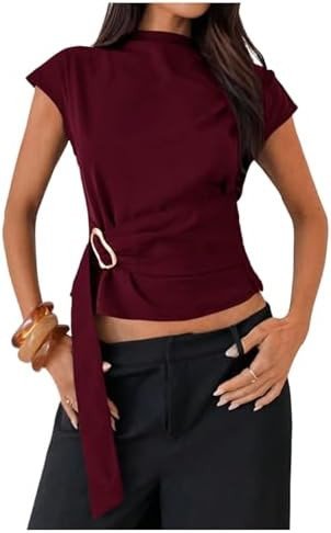 Floerns Women's Buckle Tie Elegant Blouse Mock Neck Shirts Cap Sleeve Business Casual Tops | Amazon (US)