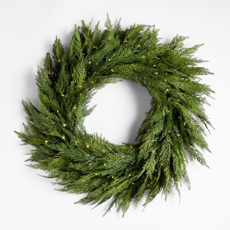 Faux Hemlock Pine Pre-Lit LED Wreath 28" + Reviews | Crate & Barrel | Crate & Barrel
