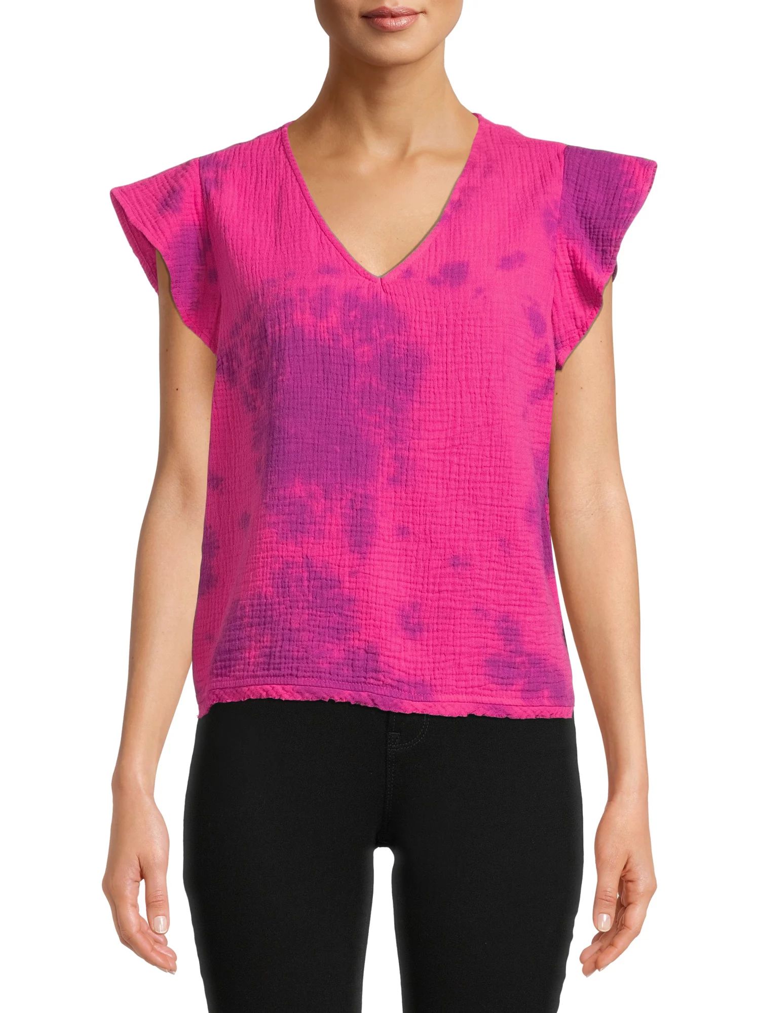 Time and Tru Women's Tie Dye Top with Short Ruffle Sleeves | Walmart (US)