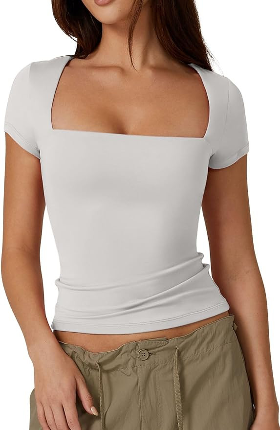 QINSEN Women's Square Neck Short Sleeve T Shirts Double Lined Basic Tee Slim Fit Tops | Amazon (US)