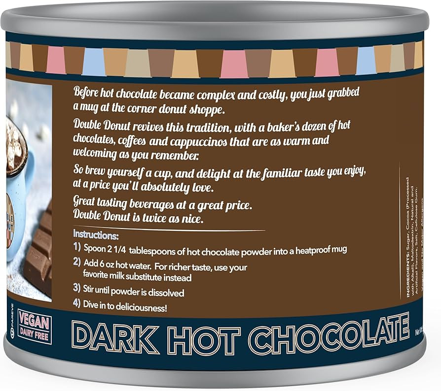 Double Donut Coffee Dark Vegan Hot Cocoa, Rich Chocolate Cocoa Mix, Gluten & Dairy Free, Velvety ... | Amazon (US)