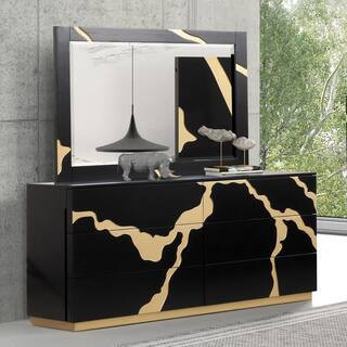 Rove Black 6-Drawer 66 in. Dresser with Mirror and Gold-Painted Pattern | The Home Depot