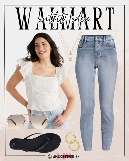 Summer vibes in full swing! 🌸 Rock the season with a playful ruffle sleeve top and classic denim jeans, accessorized with hoop earrings and stylish sunglasses. Layer on the charm with a delicate necklace and step out in chic strappy sandals. Discover your perfect summer ensemble at Walmart! 

#LTKfindsunder100 #LTKSeasonal #LTKstyletip