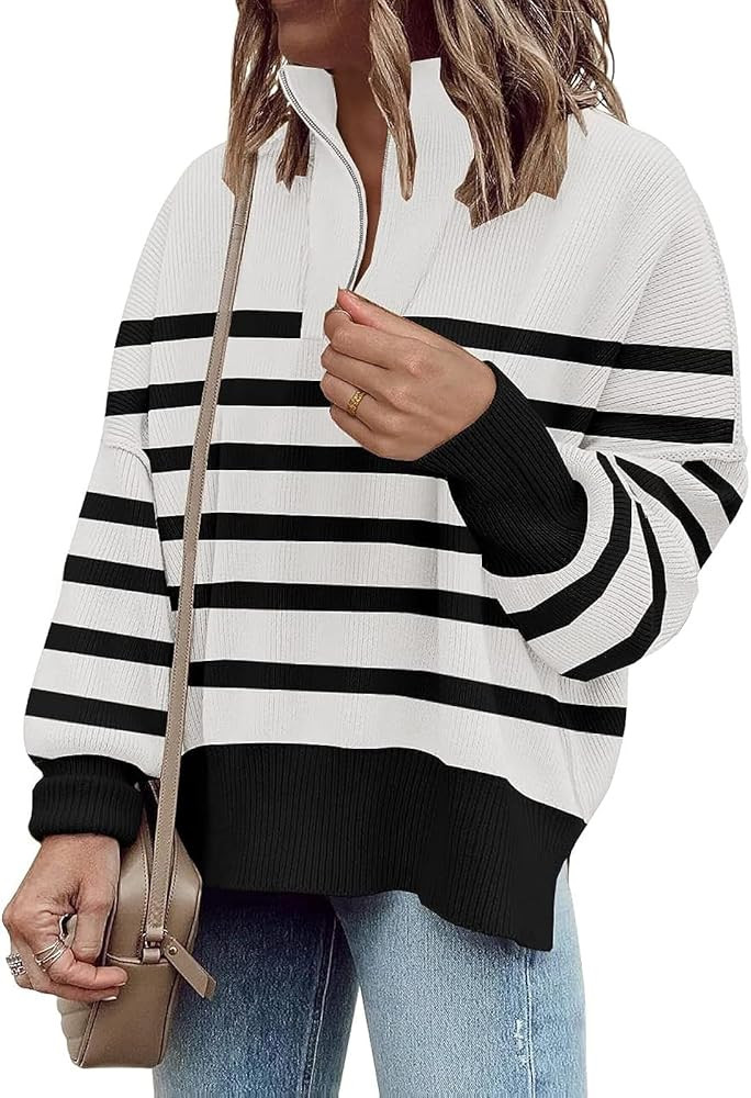 Womens Sweaters Casual Zipper Neck Knit Tops Batwing Sleeve Oversized Sweatshirt Stripes Pullover... | Amazon (US)