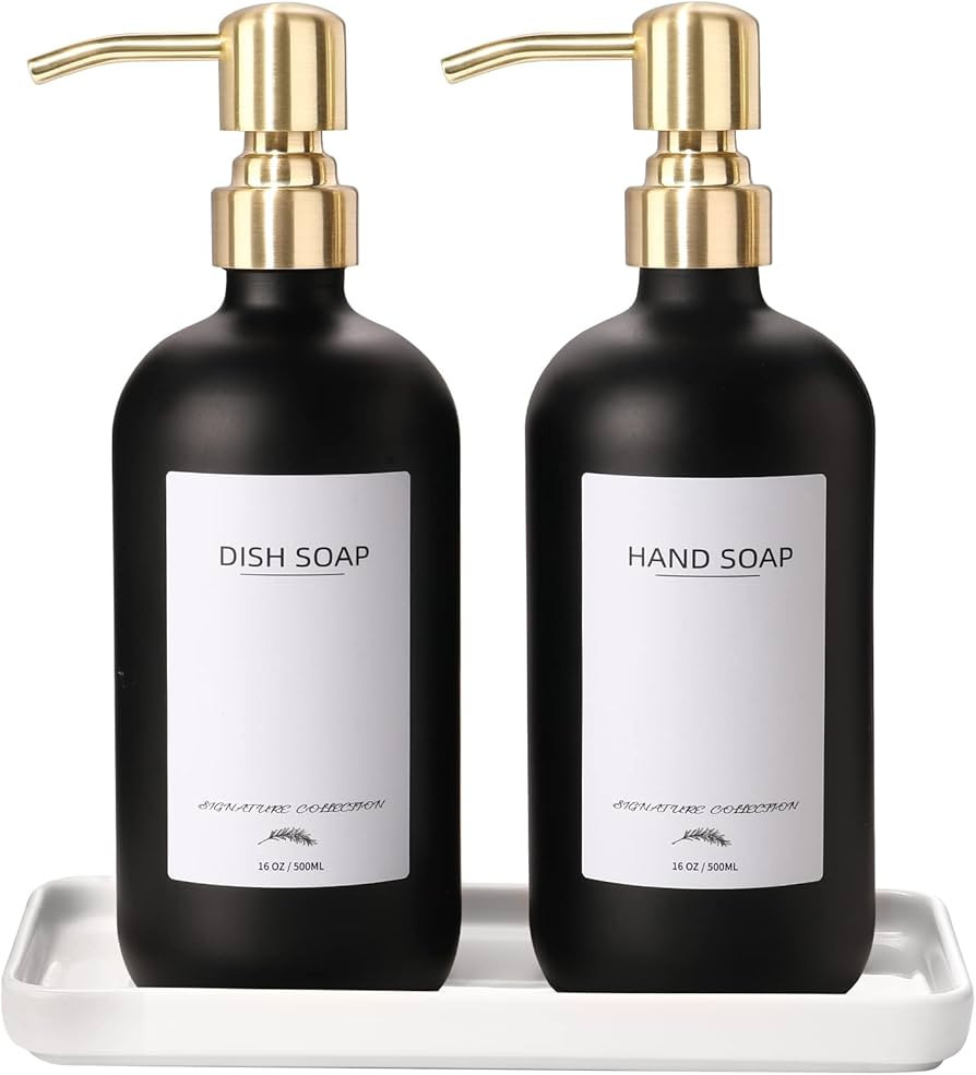 Glass Dish Soap Dispenser with Ceramic Tray and Stainless Steel Pump, Kitchen Soap Dispenser Set ... | Amazon (US)