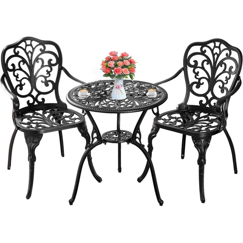 Round 2 - Outdoor Cast  Aluminum Bistro Set with Umbrella Hole,Outdoor Patio Bistro Sets,Black | Wayfair North America