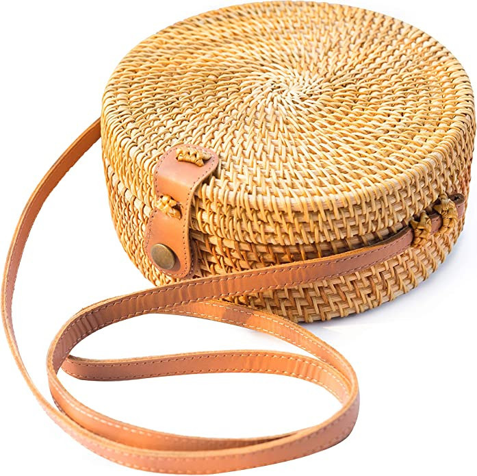Natural NEO Handwoven Round Rattan Bag Shoulder Leather Straps Natural Chic Hand | Amazon (US)
