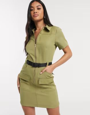 Parisian utility mini dress with seat belt buckle in khaki | ASOS (Global)