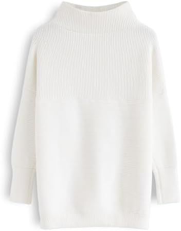 CHICWISH Women's Linen/White/Grey Cozy Ribbed Long Sleeve Turtleneck Knit Top Pullover Sweater | Amazon (US)
