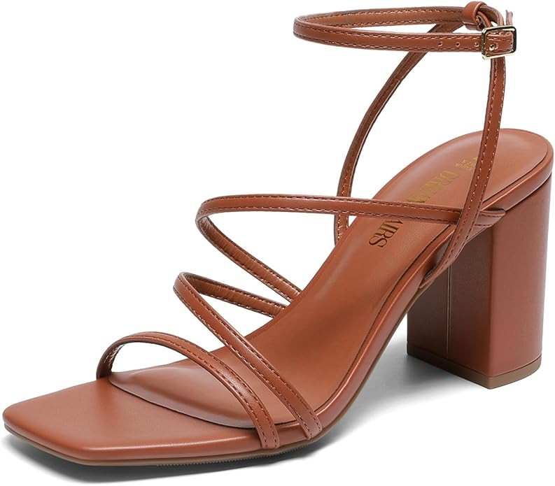DREAM PAIRS Women's Heels Chunky Block Strappy Square Open Toe Ankle Buckle 3.15 Inch Heeled Sand... | Amazon (US)