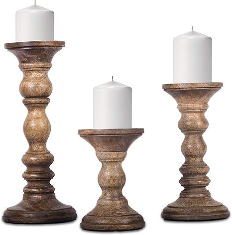 Rustic Wood Candle Holders, Set of 3 – Hand Carved Decorative Candle Holders for Living Room, T... | Amazon (US)
