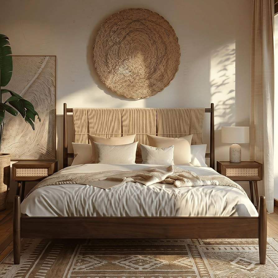 Marenzo Queen Platform Bed with Handwoven Headboard \u2013 American Walnut Veneer, Solid American... | Amazon (US)