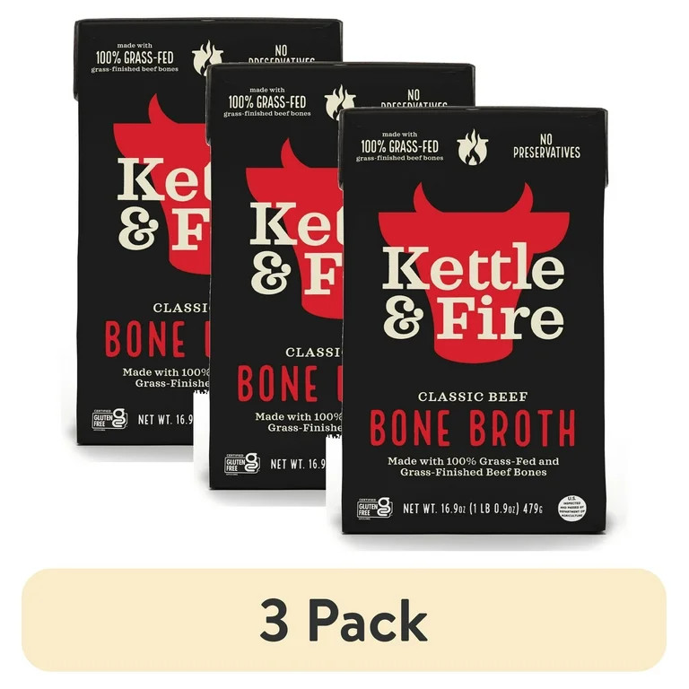 (3 pack) Kettle & Fire Beef Bone Broth, Shelf-Stable, 16.9oz | Walmart (US)