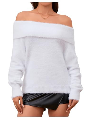 WDIRARA Women's Off Shoulder Fuzzy Knit Layered Off Long Sleeve Pullover Sweaters Tops Pure White Medium | Amazon (US)