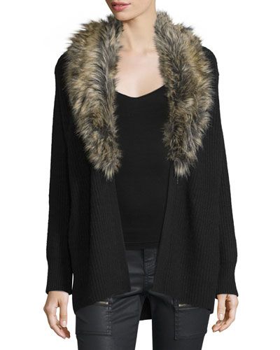 Evina Open-Front Cardigan w/Detachable Faux Fur Collar, Caviar | Neiman Marcus