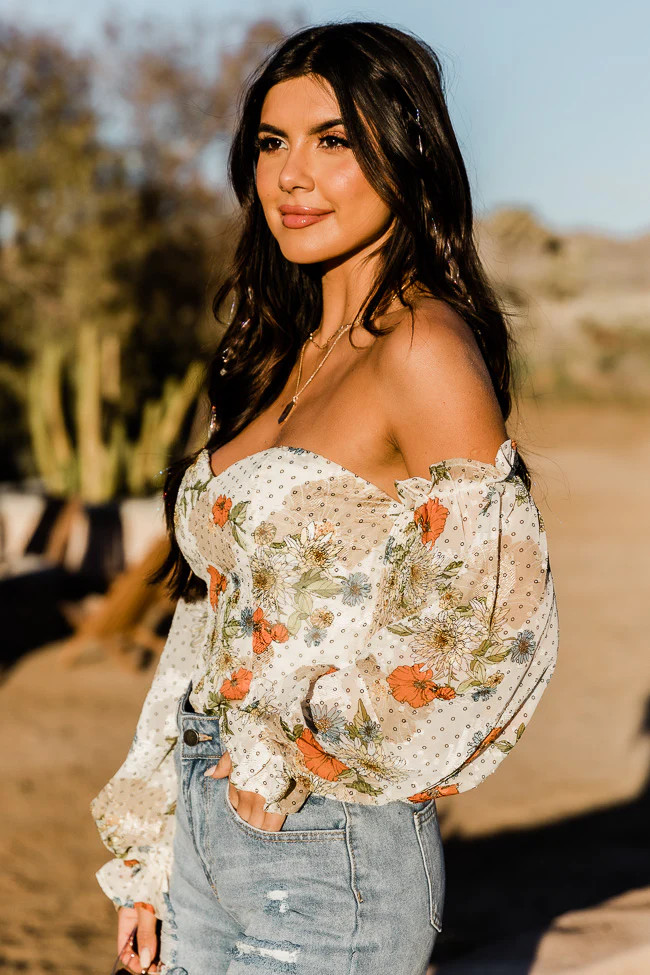 Don't Look Back Beige Floral Print Off The Shoulder Corset Blouse | Pink Lily