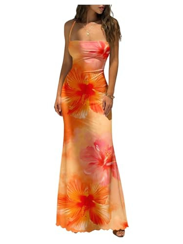 GORGLITTER Women's Floral Boho Maxi Dress Sexy Backless Lace Up Sleeveless Summer Birthday Cocktail 90s Long Dresses Orange Floral Medium | Amazon (US)