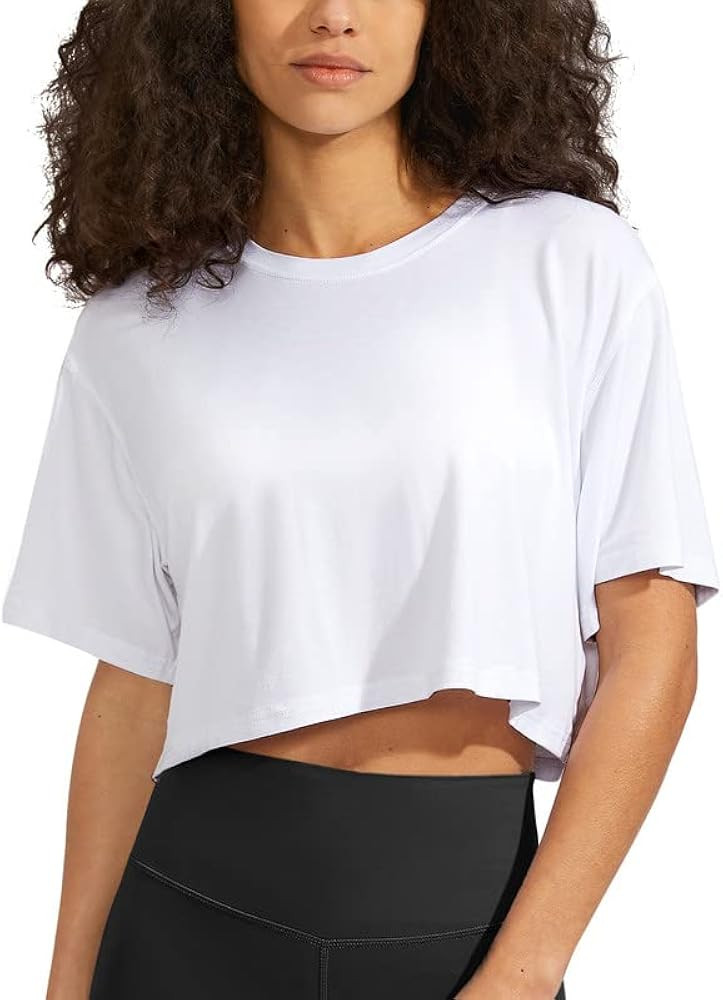 SANTINY Women's Workout Crop Tops Short Sleeve Loose Fit Cropped T-Shirt Gym Athletic Yoga Shirts... | Amazon (US)