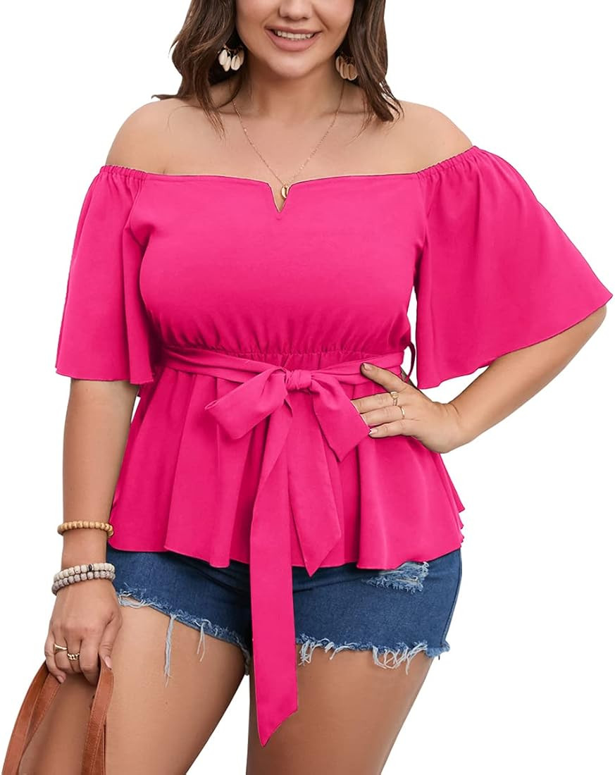 SCOMCHIC Women's Plus Size Off The Shoulder Peplum Blouse Top Half Bell Sleeve Tie Waist Ruffle H... | Amazon (US)