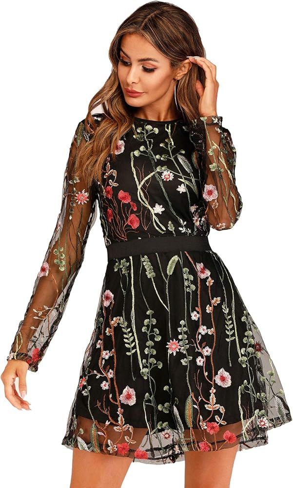 Women's Round Neck Floral Embroidered Mesh Long Sleeve Dress | Amazon (US)