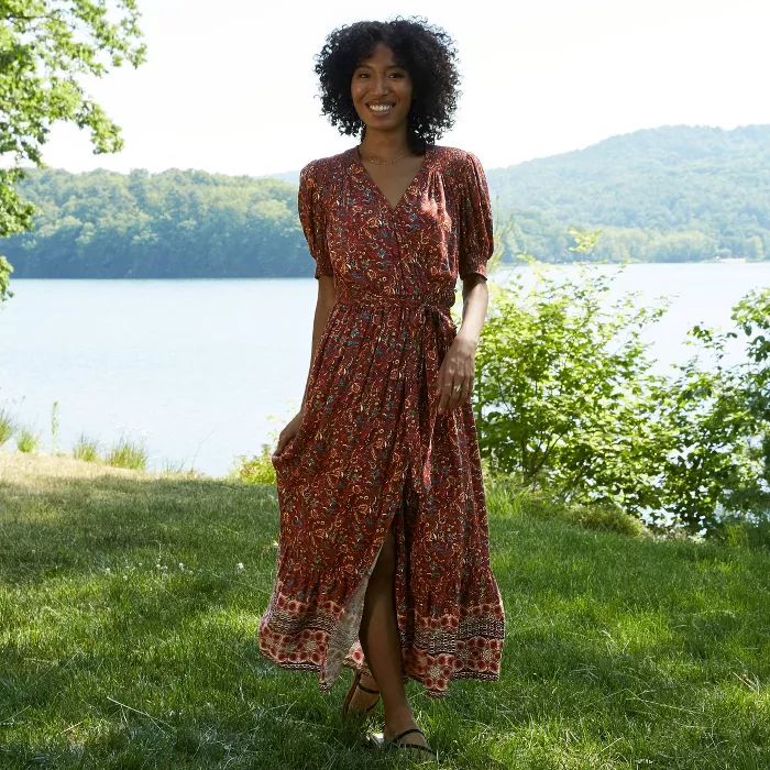Women's Paisley Print Puff Short Sleeve Wrap Dress - Knox Rose™ Rust | Target
