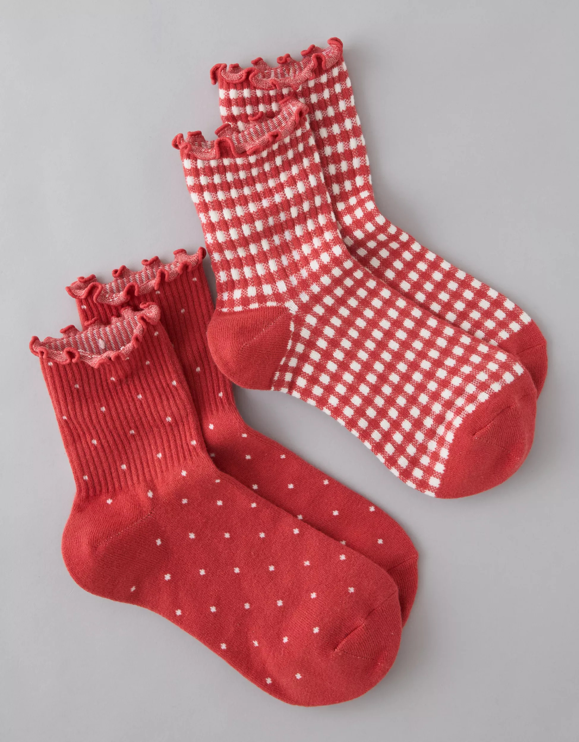 AE Polka Dot & Stripes Ruffle Cropped Crew Socks 2-Pack | American Eagle Outfitters (US & CA)