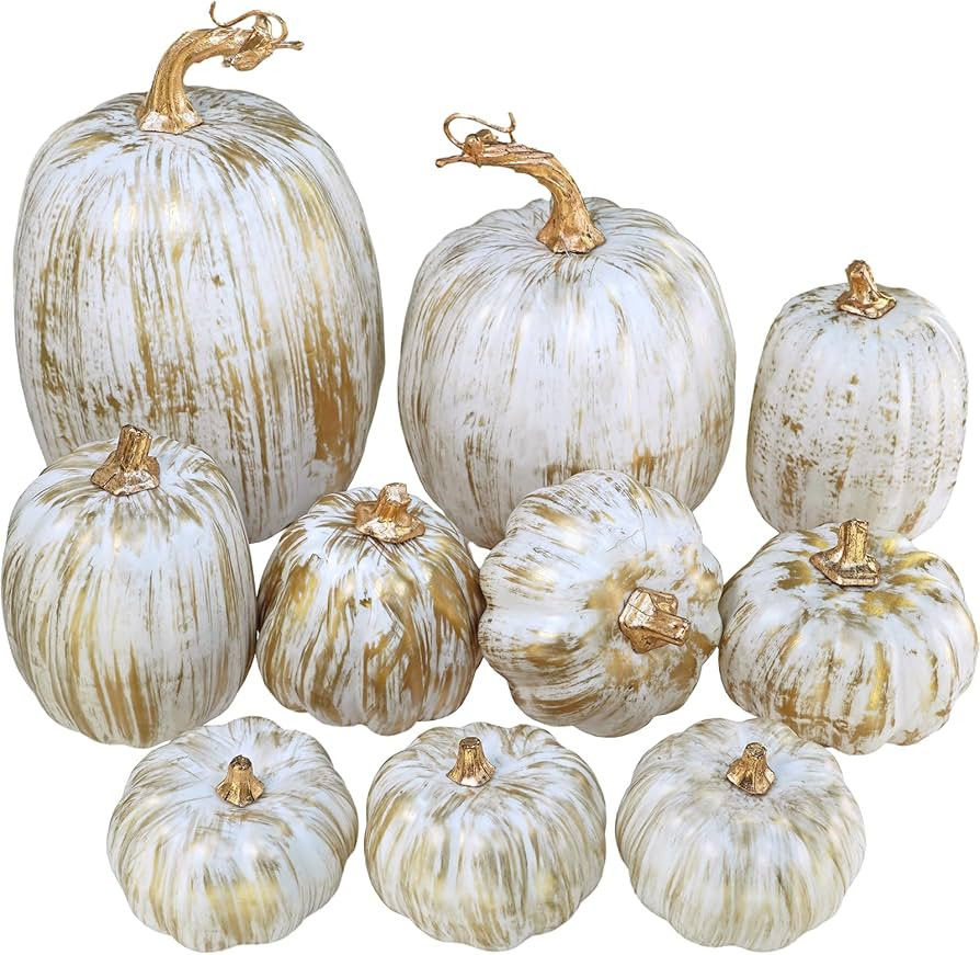 Winlyn 10 Pcs Assorted Fall Artificial Pumpkins Gold Brushed White Pumpkins Decorative Pumpkins F... | Amazon (US)