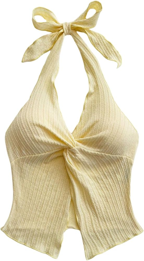 SHENHE Women's Twist Front Tie Halter Neck Split Hem Backless Summer Going Out Crop Top | Amazon (US)
