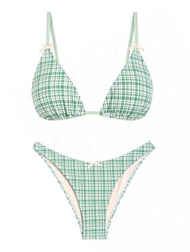 seamoly Green Gingham Bowknot Decor Triangle Bikini Set,Light Green, L | Amazon (US)