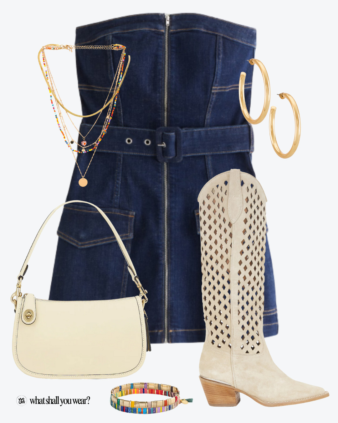 Country concert outfit, western inspired outfit, country inspired outfit, beyonce concert outfit, cowboy carter outfit, denim dress, strapless denim dress, cowboy boots, cowgirl boots, tall western boots, tall cowboy boots, crossbody bag, leather bag, shoulder bag, beaded bracelets, layered necklaces, hoop earrings, gold hoops 

 #LTKSummerEdit #LTKShoeCrush #LTKItBag