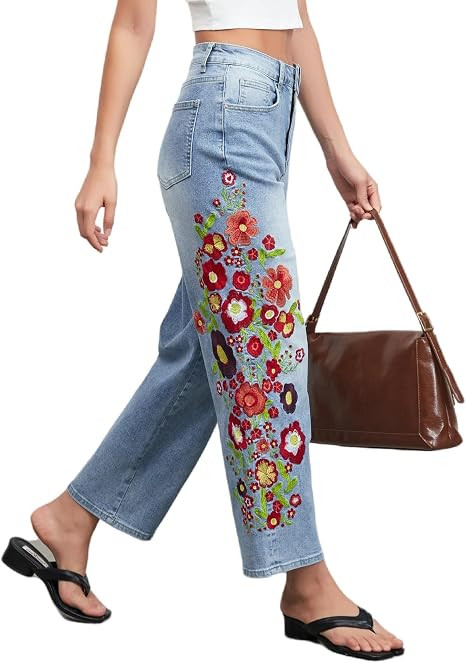 EZAPINE Straight Leg Cropped Jeans for Women Trendy Mid Rise Floral Print Boho Casual Denim Ankle... | Amazon (US)