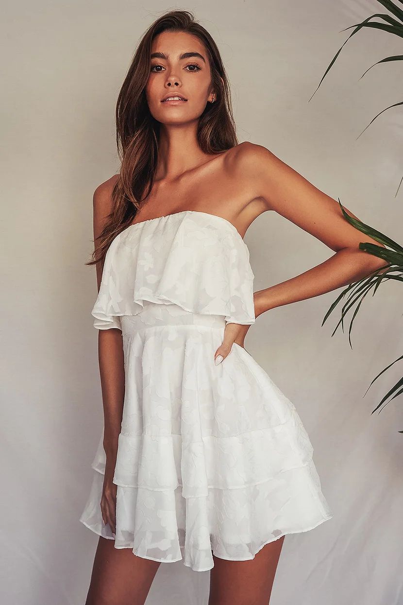 True Lover White Burnout Floral Ruffled Strapless Mini Dress | Lulus (US)