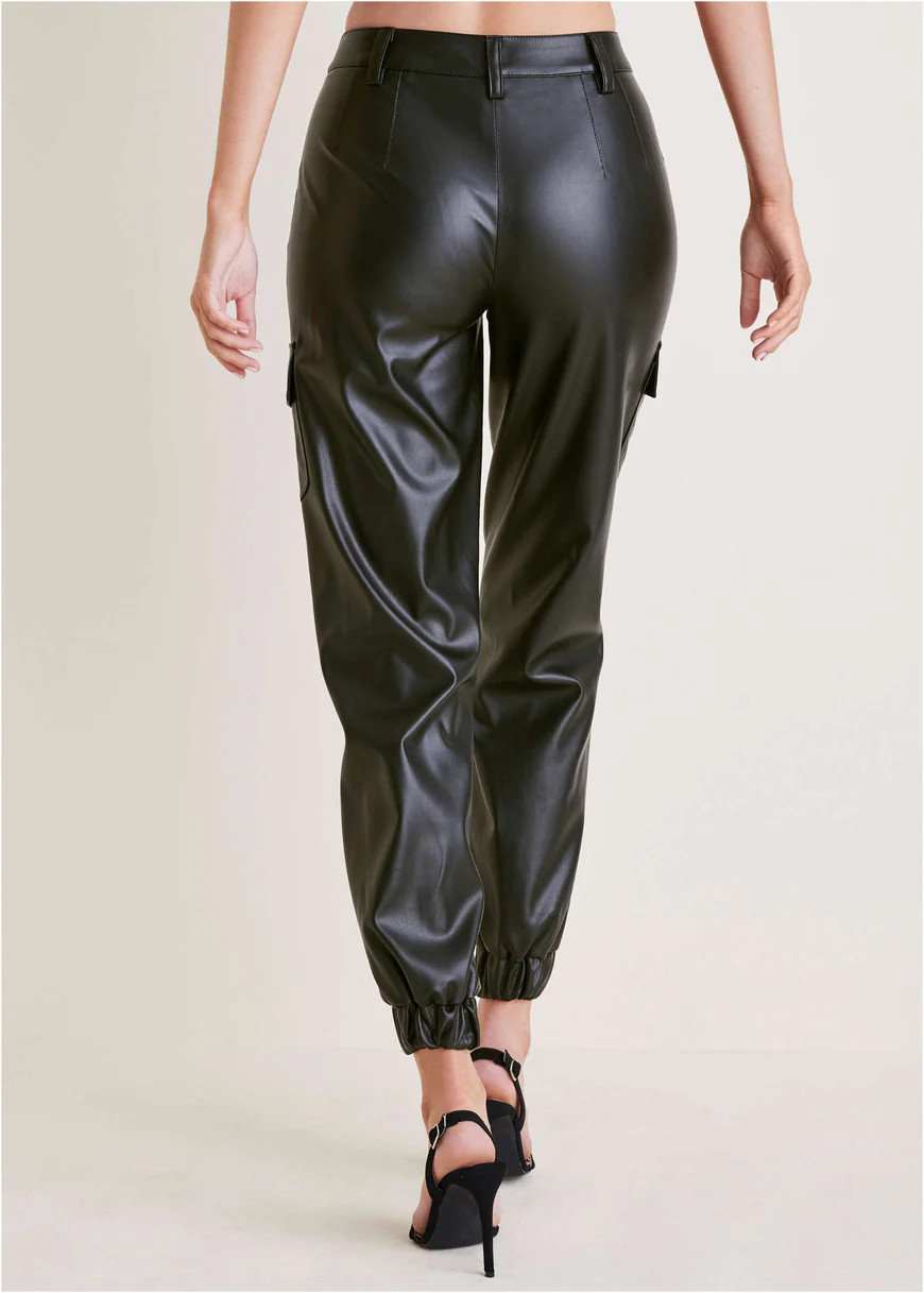 Faux Leather Cargo Pants  - Black | VENUS
