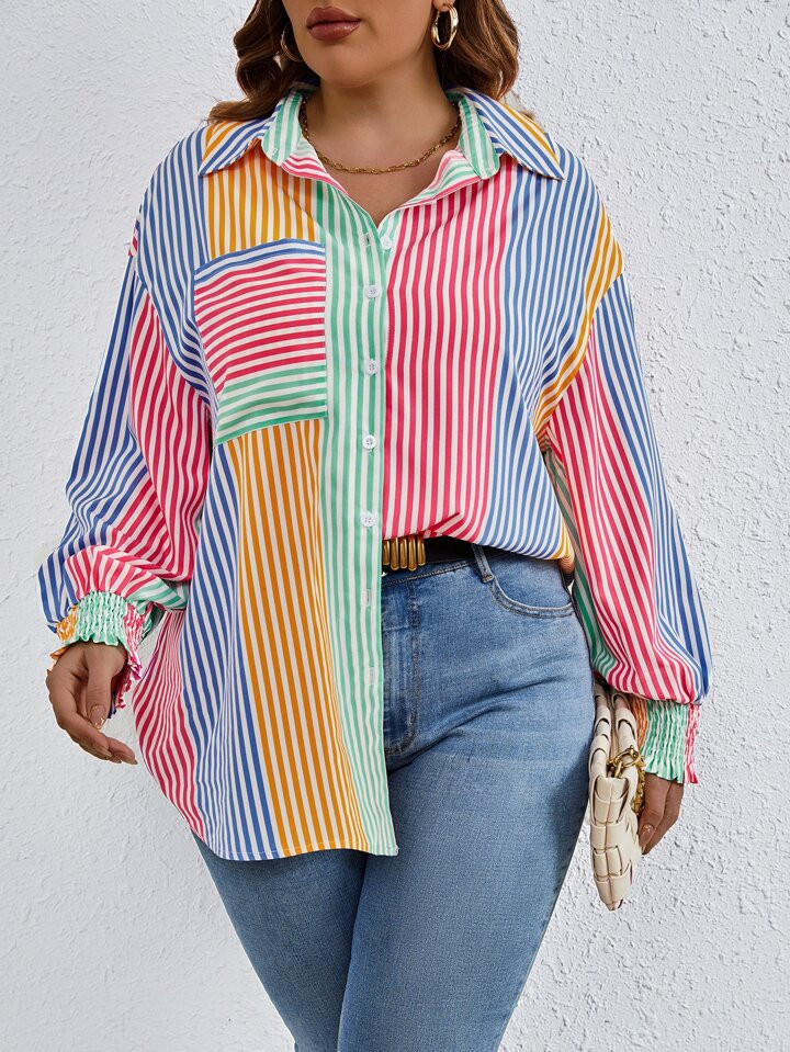 SHEIN Frenchy Plus Colorful Striped Patched Pocket Drop Shoulder Shirt | SHEIN USA | SHEIN