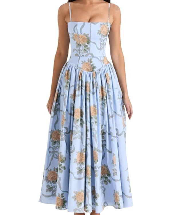 Lexamen Women's Casual Bohemian Floral Printed Strapless Backless Beach Party A-Line Flowy Long M... | Amazon (US)