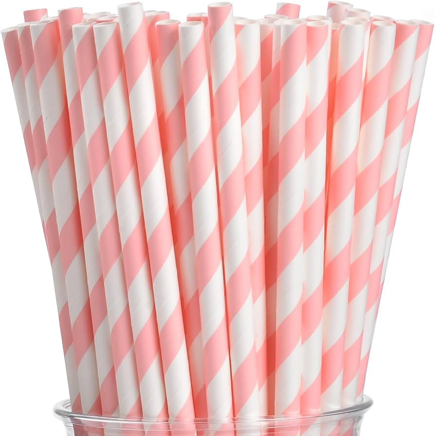 ALINK 100 Pink and White Striped Paper Straws, Biodegradable Disposable Drinking Straws for Chris... | Amazon (US)