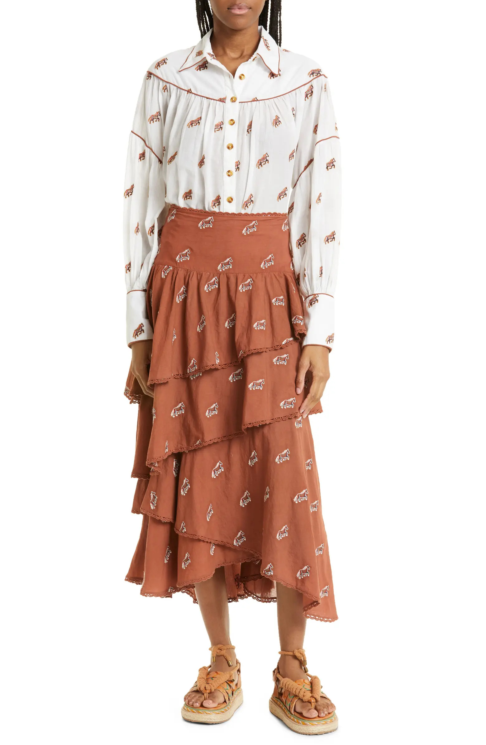 FARM Rio Caramel Horse Embroidered Ruffle Skirt | Nordstrom | Nordstrom