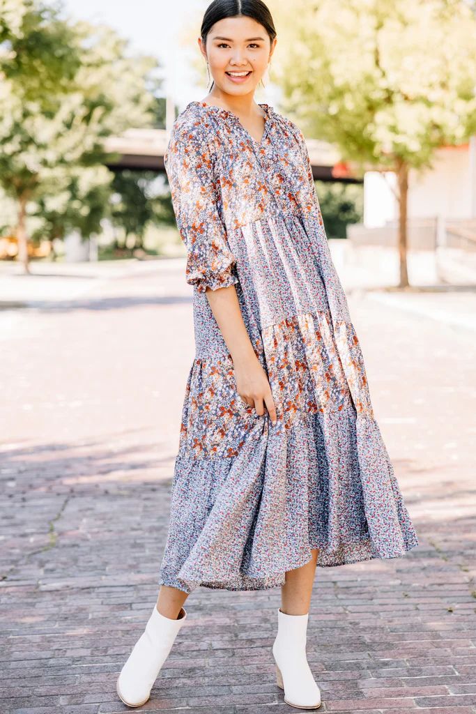 Keep Coming Back Blue Mixed Print Midi Dress | The Mint Julep Boutique