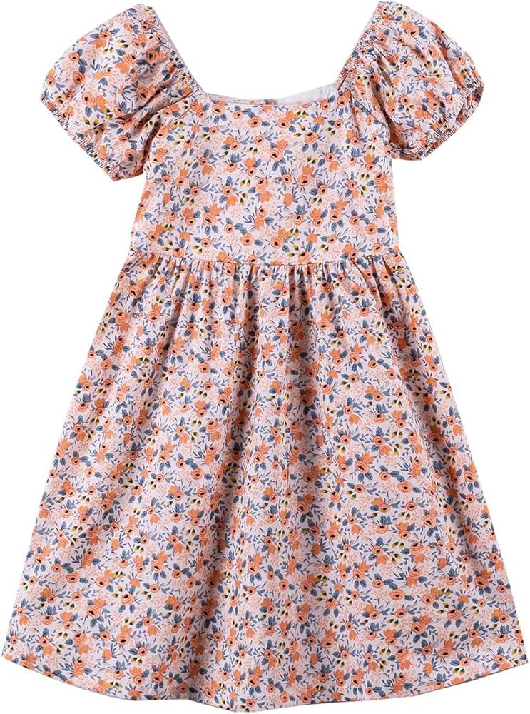 Noomelfish Girls Short Sleeve Floral Dress Casual Flower Printed Smocked Dresses (2-12 Years) | Amazon (US)