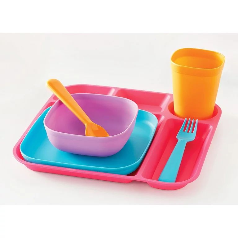 Your Zone 24 Piece Plastic Dinnerware Set for Kids with 4 Each Trays, Bowls, Plates, Cups, Forks ... | Walmart (US)