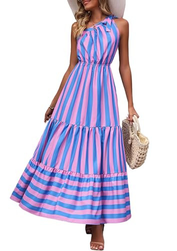 PRETTYGARDEN Women's One Shoulder Boho Maxi Dress, Blue Pink Stripe,S | Amazon (US)