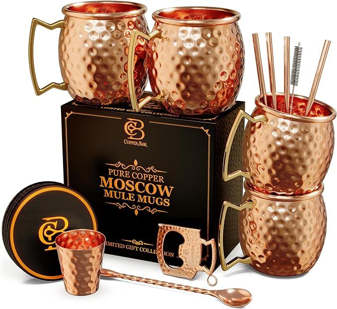 Moscow Mule Copper Mugs | Set of 4 Hammered Cups | 100% Handcrafted Pure Solid Copper | Gift Set ... | Amazon (US)