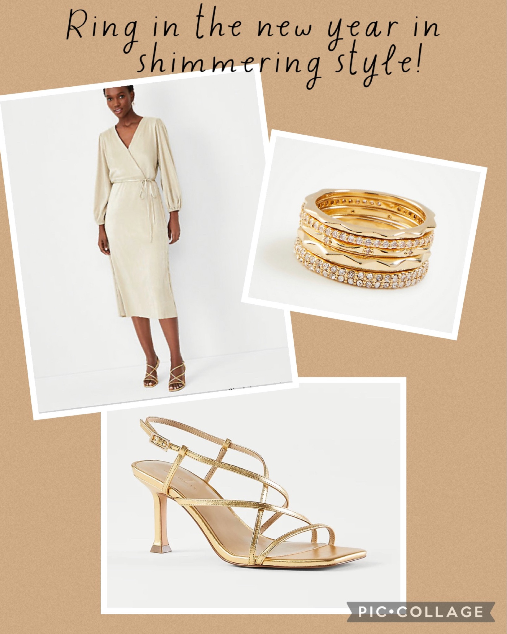 The most special time of year deserves a special look. A shimmering wrap dress In champagne (how appropriate) is an ideal choice to any upscale NYE event or wedding this season. Add strappy sandals and a bit of bling to complete the look  

#LTKshoecrush #LTKHoliday #LTKsalealert